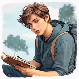 a male in a blue shirt is holding a book,an illustration of a young man wearing a backpack sitting in the grass