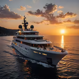 an exotic large yacht sails toward a bright sunset