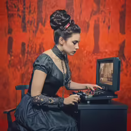 a woman in a black dress working on a screen