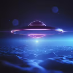 a blue sky scene with an alien spaceship