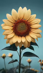 a sunflower with large green leaves on a dark background