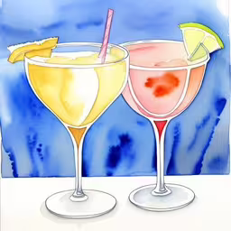 watercolor of two drinks with lemons and a garnish,two colorful drinks sitting next to each other,three colorful glasses are on a white table,a drawing of two different beverages on a table,two glasses filled with different flavored drinks