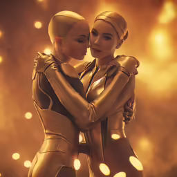 two women in futuristic clothes hugging each other