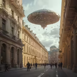 a group of people walking on a road in a city