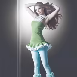 a girl in green has her hair blown up