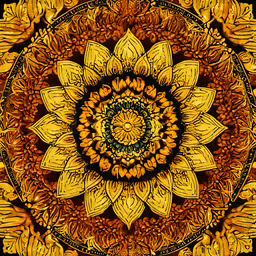 an artistic artwork with gold and brown,a large yellow flower with ornate details on the center