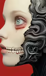 a very scary and creepy skull female wearing an elaborate wig