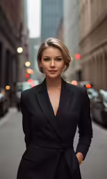a beautiful woman standing on the street wearing a black dress and black blazer