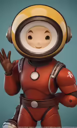 a toy with an helmet on is holding his hands up