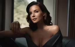 a woman sitting on top of a leather couch