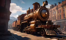 an old steam engine train with a sky background,an old - fashioned steam engine sitting in front of some buildings