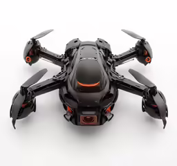 a black flying device is shown on a white background