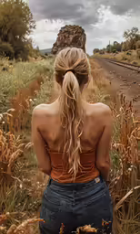 woman standing with back to the camera and looking at the train tracks