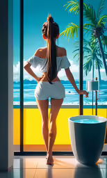 a woman standing by the bathroom sink in front of a balcony
