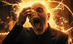 a man is screaming as he eats an ice cream sandwich