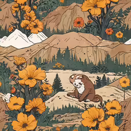 some art work depicting the mountains with orange flowers