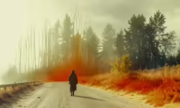 the person is walking down the road alone
