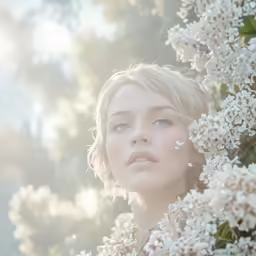 a woman with her eyes closed next to a tree