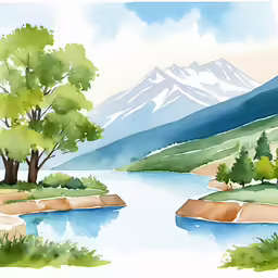 a drawing of some mountains and trees in the distance