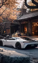a white car is parked on a paved road near a house