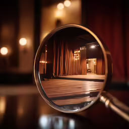 the interior of a room with red curtains and lights is seen through a magnifying glass