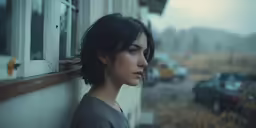 a woman standing by a building outside of a window