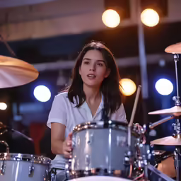 a woman playing the drums on stage at a concert