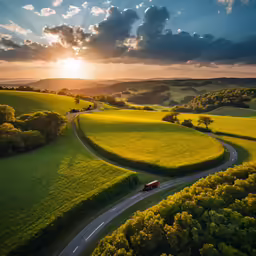 the sun sets over the countryside and road winding through