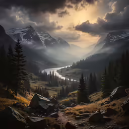 a landscape of a mountain with a lake surrounded by trees