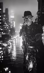 a man standing with a camera at night on the roof