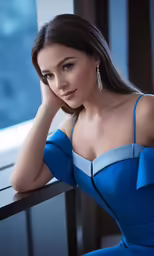 an attractive woman sitting at a window ledge