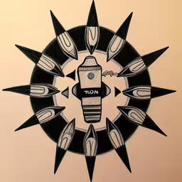there is an image of a drawing that looks like a pencil illustration,a pen drawing depicting an automatic clock surrounded by knives