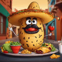 a hot dog sits on top of a plate,a cartoon potato is preparing to eat some tacos