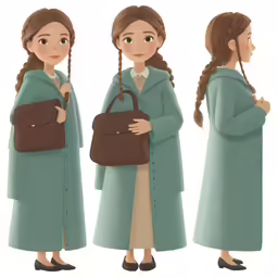 a woman in green is holding two bags