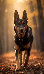 a dog walking across a forest covered with leaves
