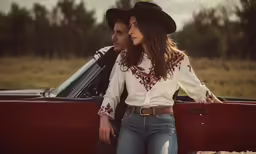 a young couple sits next to a vintage car