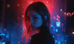 a woman in a black jacket and red light is standing outside at night