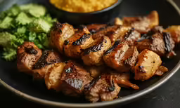 meats and vegetables are shown in a metal plate