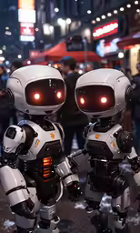 two robots standing on a busy city street