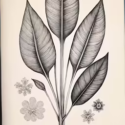 a large picture with two leaves and some flowers