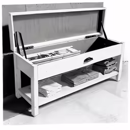 an open storage bench with books on each shelf