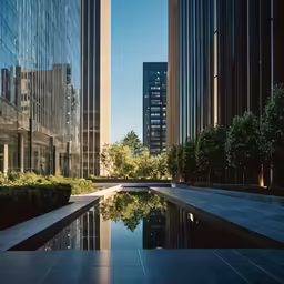 a city view of skyscrapers near a body of water