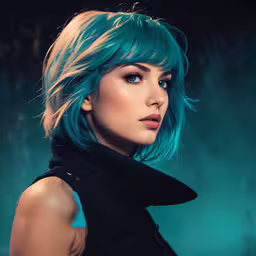 a girl with short blue hair and an unusual hairstyle,the girl is wearing blue hair and black top