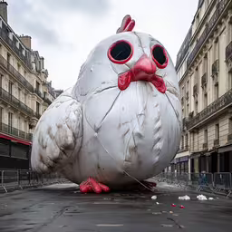 an inflatable object looks like a bird,a large object with giant eyes on the ground in front of buildings