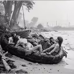 four people lying on inflatable objects in the water