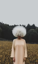 a girl with afro hair stands in a field
