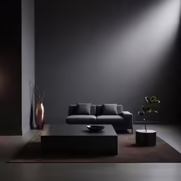 black modern living room with furniture and lighting
