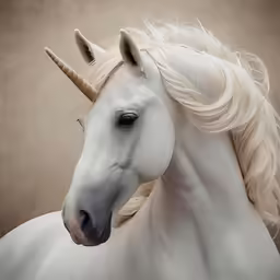 the face of a white unicorn with horn hair