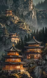 a painting of some buildings on the side of a mountain