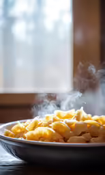 a bowl of food on a table is full of smoke